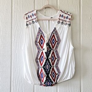 Free People Aztec Embroidered Tasseled Split Back Sleeveless Tee White Large